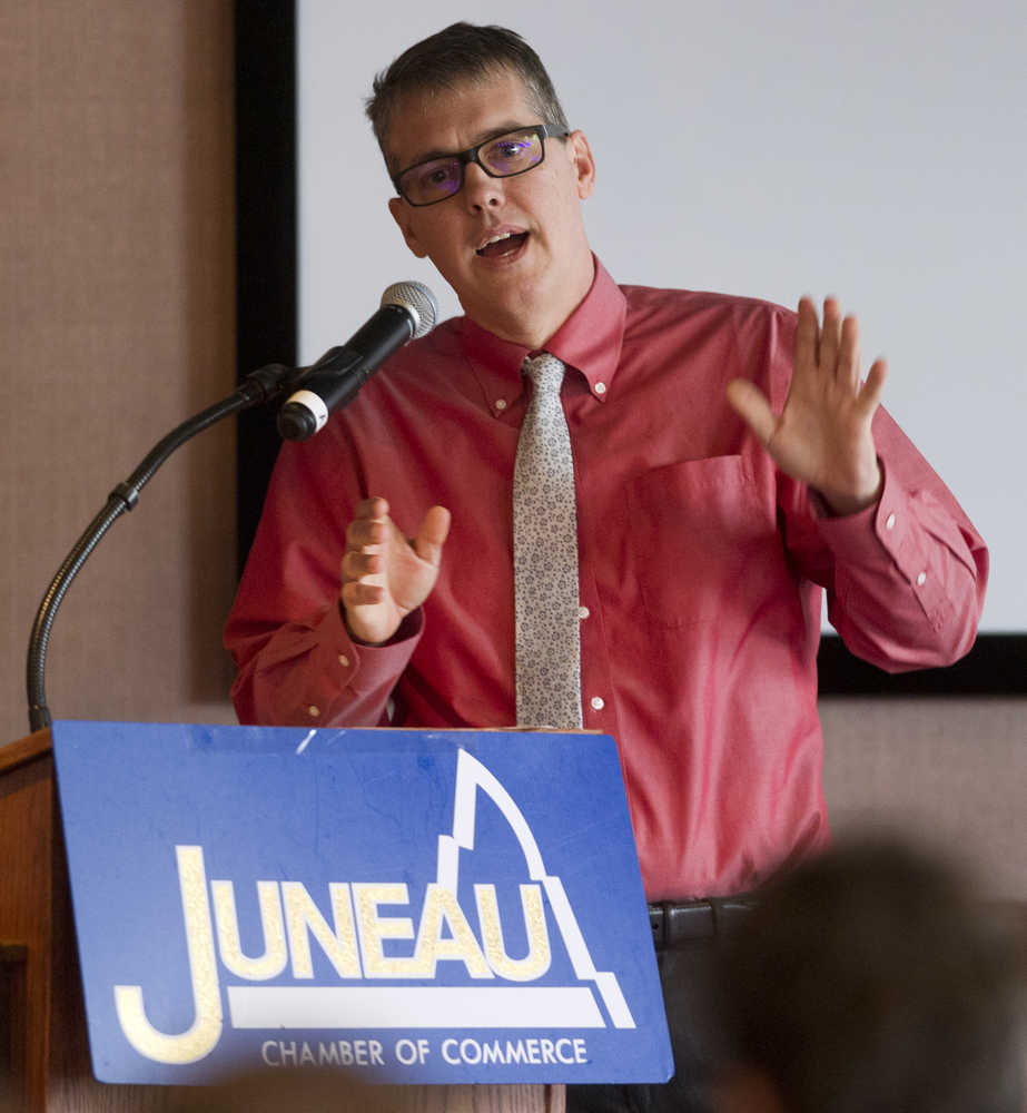 Rorie Watt, city manager for the City & Borough of Juneau, speakers to the Juneau Chamber of Commerce at its luncheon at the Hangar Ballroom on Thursday.