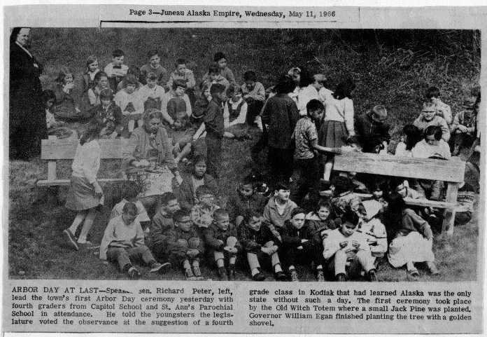 Juneau Empire news clipping from May 11, 1966, during Alaska's first Arbor Day celebration. Children featured were fourth graders from Capitol School and St. Ann's Parochial School.