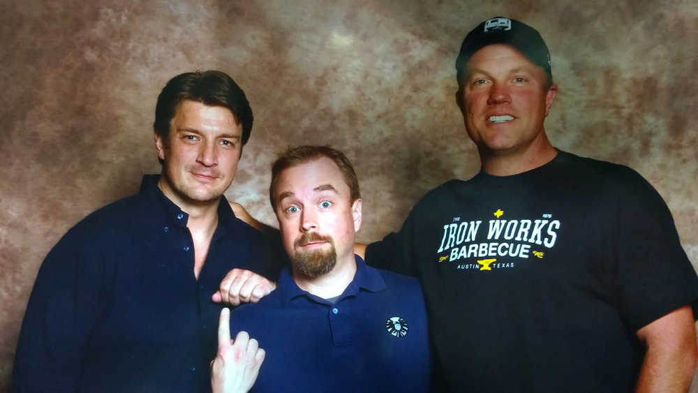 Taken at a fan event in 2014, Todd Jones poses with Nathan Fillion, who plays Captain Malcolm Reynolds in the cult-classic science fiction show "Firefly," and Adam Baldwin who plays Jayne Cobb.