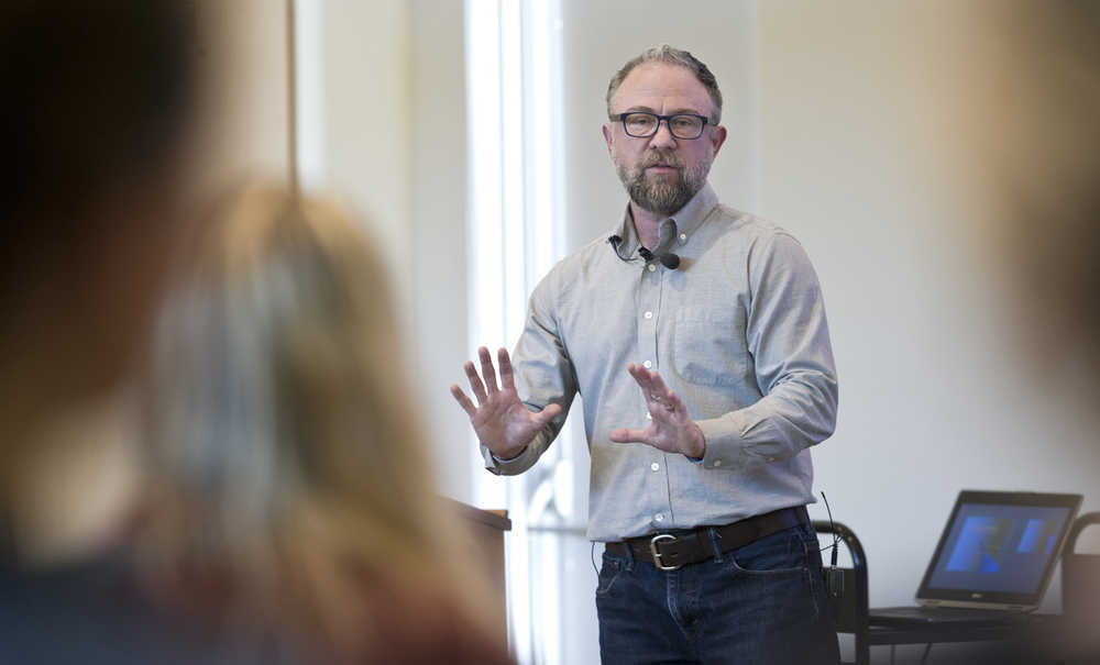 Aidan Key, executive director of Gender Diversity, leads a talk on "Transgender Children in Today's Society: A Conversation" at the Mendenhall Valley Public Library on Thursday.