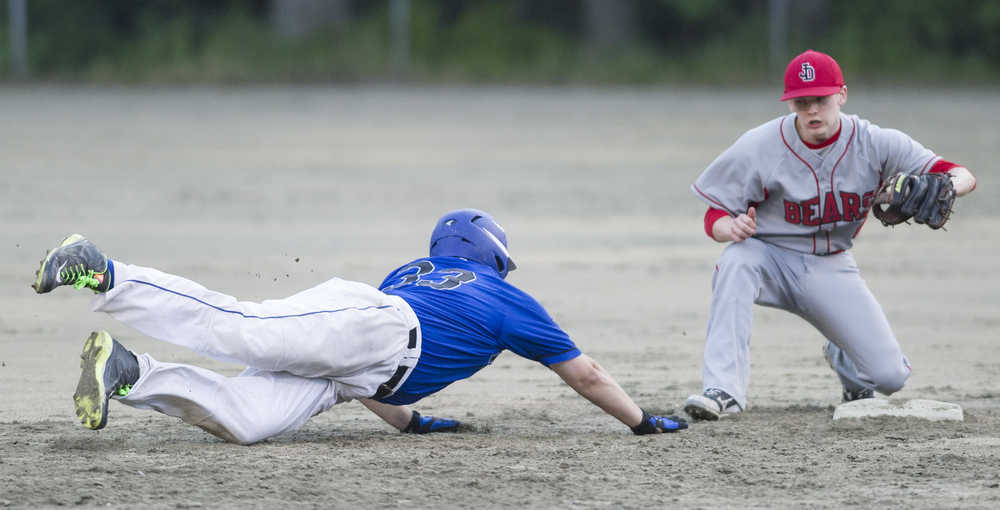 Thunder Mountain's Bobby Cox, left, is caught off base by Juneau-Douglas' Jacob Dale at Adair-Kennedy Memorial Park on Friday.