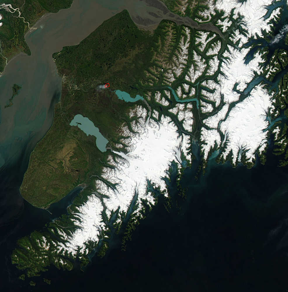 An image of the Kenai Peninsula taken June 15, 2015, acquired from the Moderate Resolution Imaging Spectroradiometer aboard the Aqua satellite. The red box in this cropped image is a wildfire.