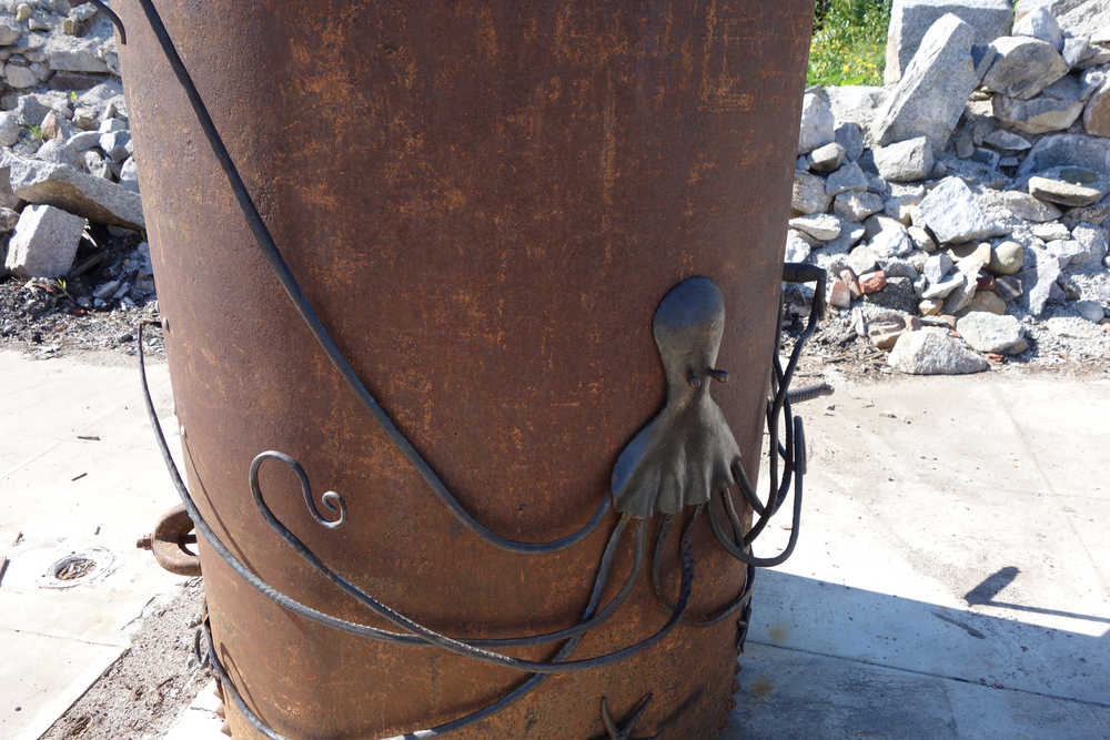 Detail of "The Tank with the Crank," an interactive sculpture by David Pahl in the  Historic Fort William H. Seward Interpretive Sculpture Garden.