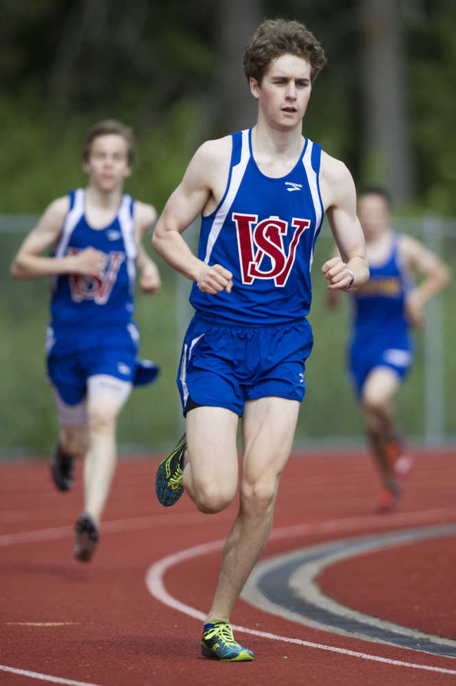 Sitka's Colin Baciocco rounds a turn followed by teammate freshman Joseph Pate during the finals of the small school's 3200 meter run during the Region V Track and Field Championships at TMHS on Friday. They held their positions to finish first and second.