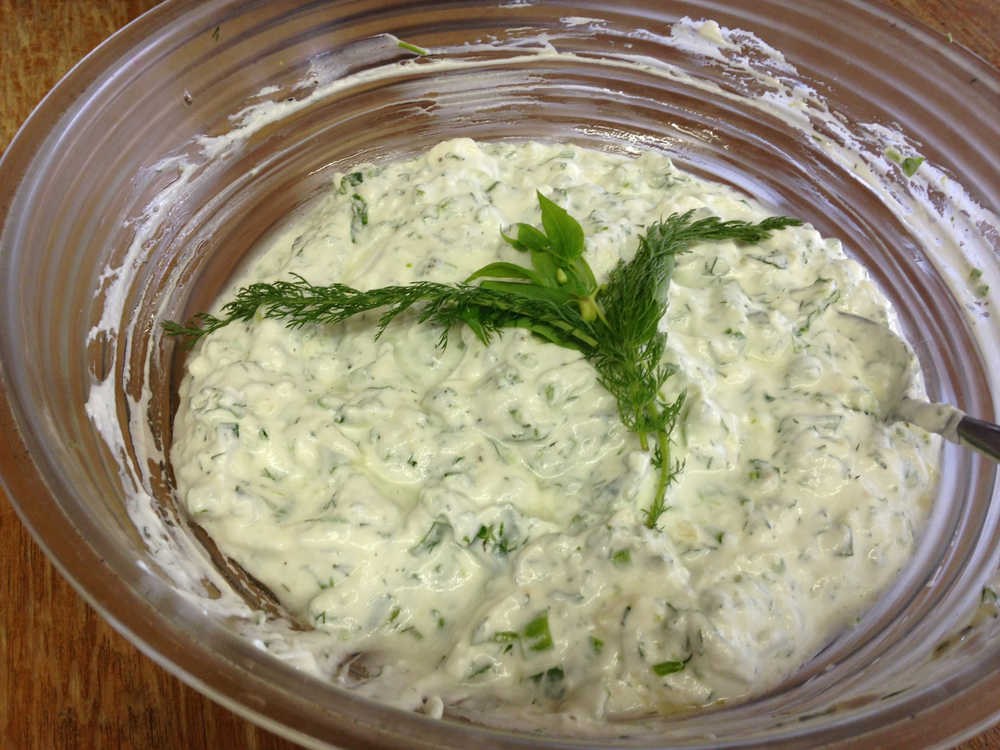 Tzatziki - a Greek dish traditionally made with yogurt and cucumbers - made in part with greens foraged on a Wild Kitchen Walk hosted by the Juneau District Extension Office. Photo by Corinne Conlon