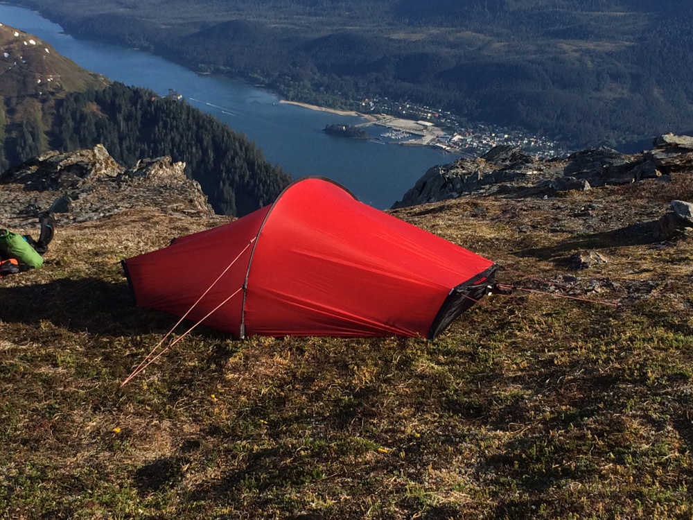 Camping on the top of Mount Juneau with tram visible on Mount Roberts and Douglas Island Habor below.