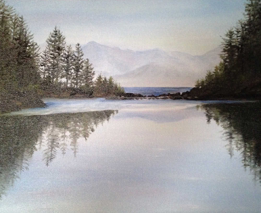 The salt chuck at Ernest Gruening Cabin in Juneau, painting by Patti Hutchens Jouppi