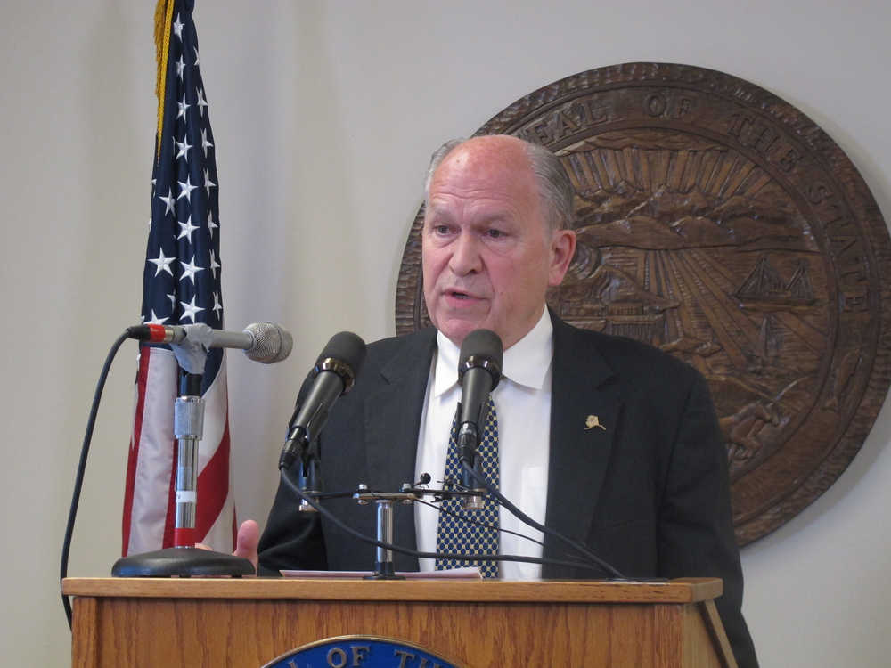 Alaska Gov. Bill Walker addresses reporters during a news conference on the end of the extended regular session and the upcoming special legislative session on Thursday, May 19, 2016, in Juneau, Alaska. (AP Photo/Becky Bohrer)