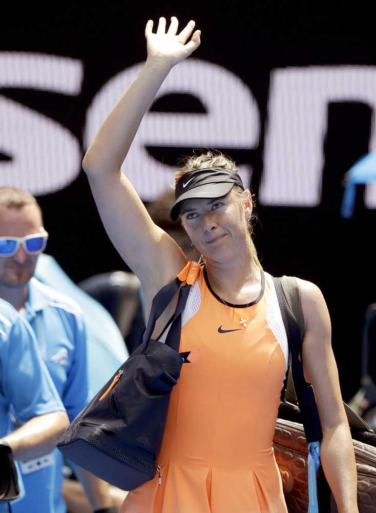 FILE  - In this Tuesday, Jan. 26, 2016 file photo, Maria Sharapova of Russia waves as she leaves Rod Laver Arena following her quarterfinal loss to Serena Williams of the United States at the Australian Open tennis championships in Melbourne, Australia. Sharapova has been suspended for two years by the International Tennis Federation for testing positive for meldonium at the Australian Open. The ruling, announced Wednesday, June 8, 2016 can be appealed to the Court of Arbitration for Sport. (AP Photo/Aaron Favila, File)