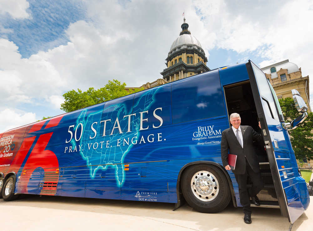 Rev. Franklin Graham steps off his tour bus in Springfield, Illinois, on June 14 as part of his Decision America Tour, which will make a stop in Juneau on Friday.