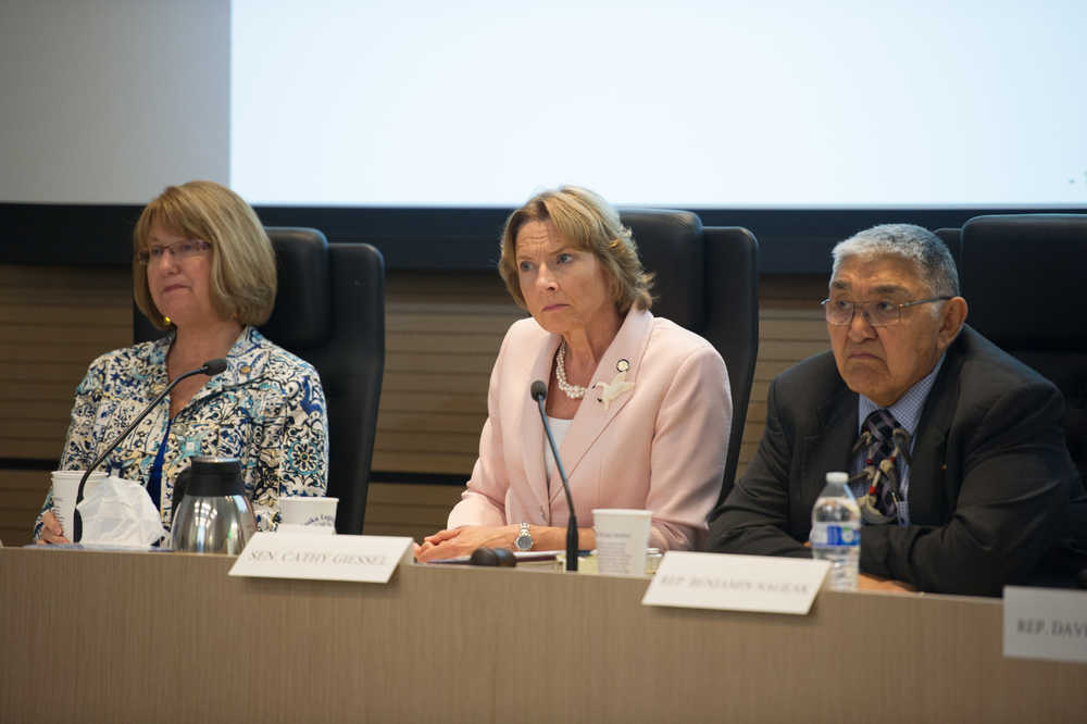Sen. Anna MacKinnon, Senate Resources Chair Cathy Giessel and House Resources Co-Chair Ben Nageak faced new Alaska Gasline Development Corp. CEO Keith Meyer at a joint committee hearing on the Alaska LNG Project June 29 in Anchorage.