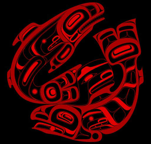 This t-shirt design, created by David Robert Boxley and David Albert Boxley, shows the life cycle of salmon. The Haayk Foudnation is selling t-shirts with the design to raise money for Sm'algyax preservation and revitalization.