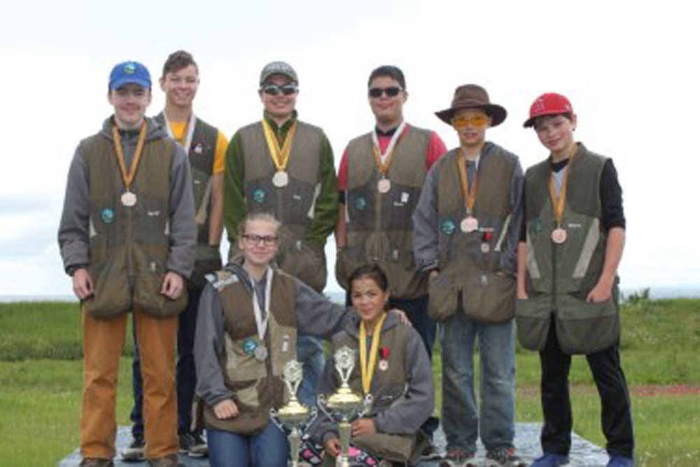 Juneau Trap Club medal winners. Standing from left: Garret Hermann, John Morris, Brice Norton, Maele Allen, Harrison Holt and Nolan Ramseth. Front: Mia Hines, Kiana Allen.