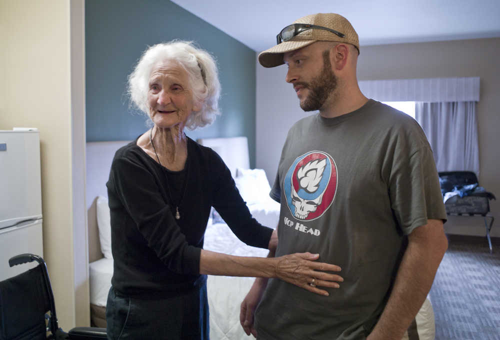Earlene "Memaw" Branson, 83, mother to Alaskan Bush People star Ami Brown, gives thanks to her great nephew, Chuck Gilbert, for helping on her journey from Texas to Alaska in hopes of reuniting with her daughter this week. They were interviewed at Extended Stay America in Juneau after returning from Hoonah on Wednesday.