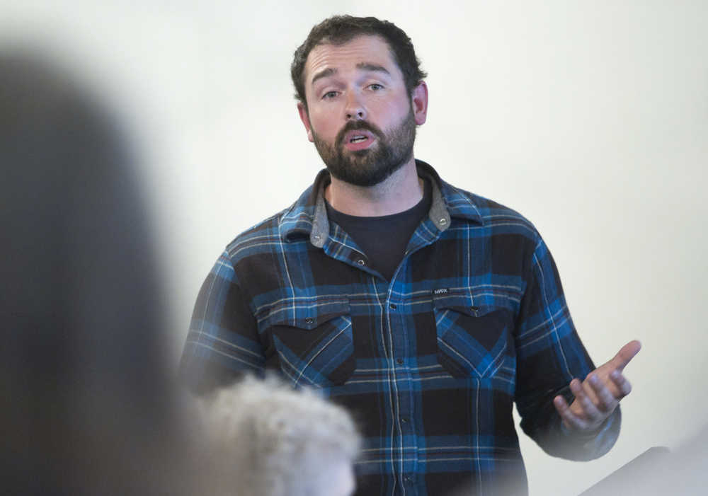 Bryan Farrell, assistant generation engineer for Alaska Electric Light and Power Co., gives a talk about constructing the company's new diesel turbine to the Juneau Chamber of Commerce at the Moose Lodge on Thursday.
