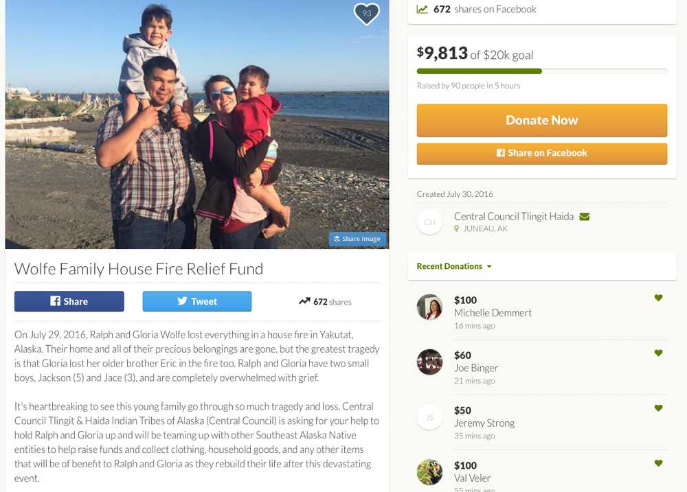 This screenshot shows the GoFundMe page for the Wolfe family. The effort raised almost $10,000 in just five hours to benefit the family whose home was destroyed on Saturday, killing a family member.