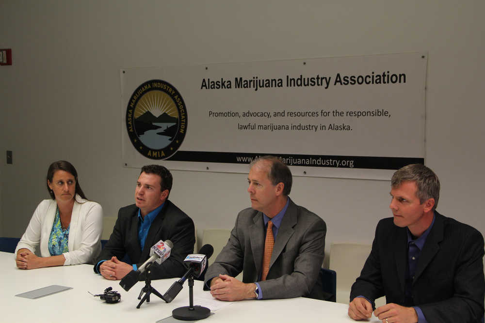 Alaska Marijuana Industry Association founding board members (from left) Kim Kole, Brandon Emmett, Bruce Schulte and Leif Abel discuss the goals for their new organization July 9, 2015, in Anchorage. Emmett is the lone remaining industry representative on the state Marijuana Control Board after Gov. Bill Walker removed Schulte on July 29.