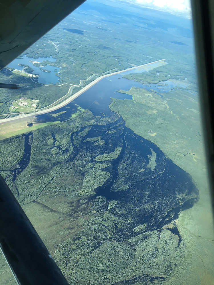 An aerial view of Chena River water backed up into a floodplain that is part of the Chena River Lakes Flood Control Project.