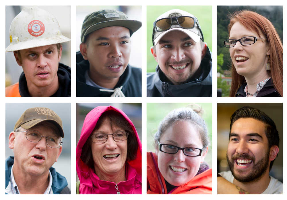 Seven randomly chosen people to share their seven jobs, plus Juneau singer-songwriter Marian Call, top right.