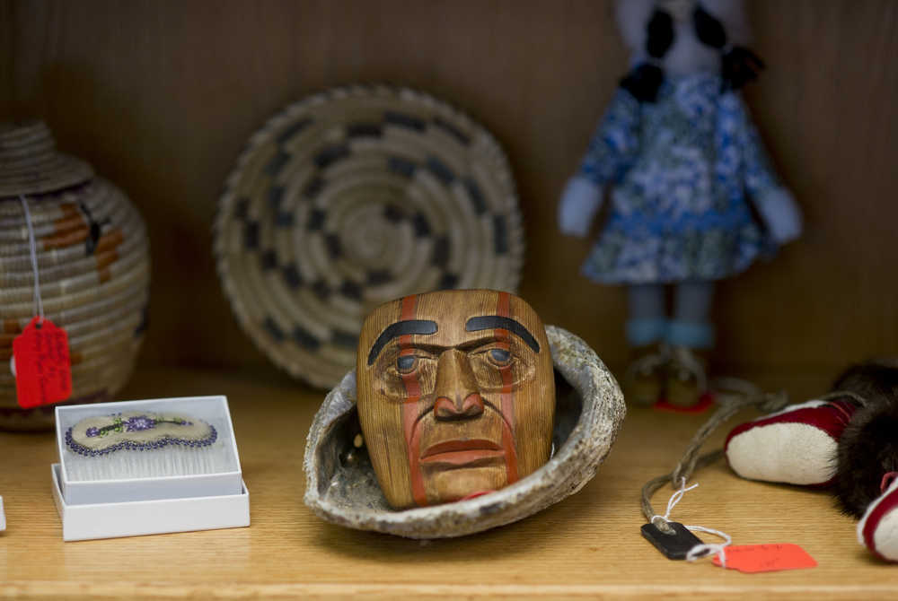 A mask carved by Don Morgan sits in his shop Haa Shagoon on Ferry Way, Tuesday. Morgan produces Northwest Coast art, which is placed alongside Alaska Native-produced art for sale in the shop.
