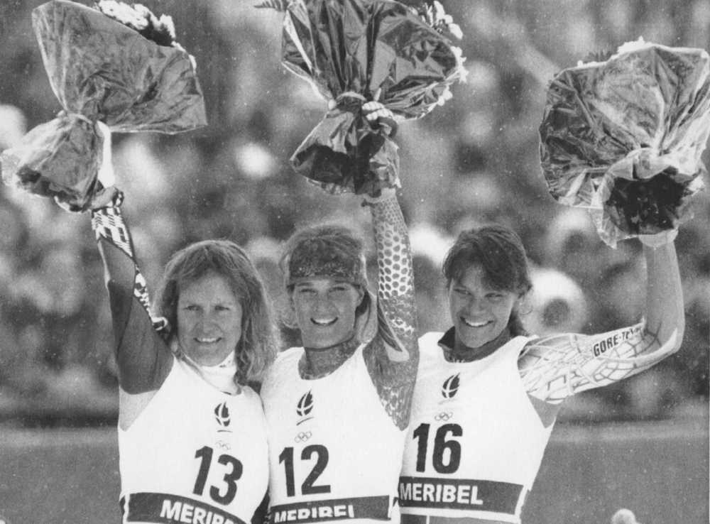 This 1992 Associated Press file photo shows the three fastest skiers in the women's downhill from the Winter Olympics in Albertville, France. Juneau's Hilary Lindh, the silver medalist, is shown at far right. At left is bronze medal winner Veronike Wallinger of Austria and in the middle is gold medalist Kerrin Lee-Gartner of Canada.