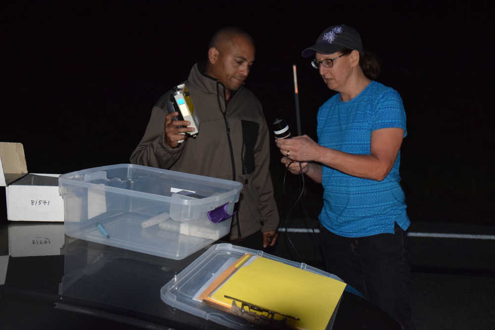 Karen Blejwas, right, introduces Courtney Pegus, left, to equipment used to track bats for Fish and Game's Endangered, Threatened and Diversity Program.