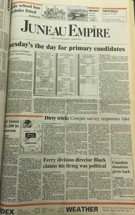 The front page of the Juneau Empire on Aug. 25, 1986