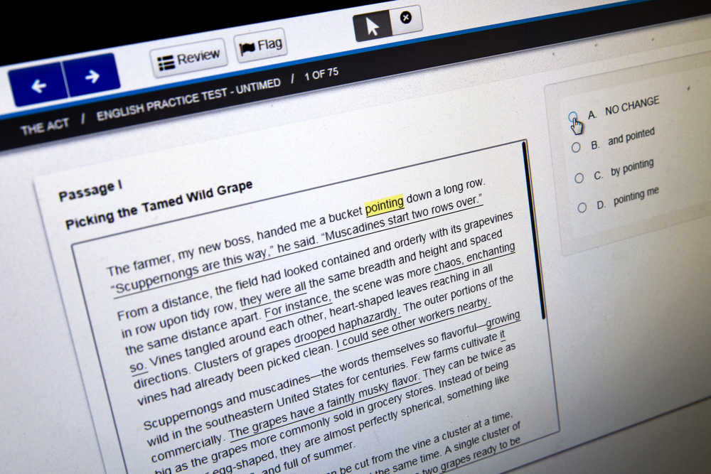 FILE - In this May 6, 2015 file photo, a computer-based practice ACT English test is displayed on a computer monitor in Washington. Nearly two-thirds of this year's high school graduates took the ACT college entrance exam, and their scores suggest that many remain unprepared for the rigors of college-level coursework. (AP Photo/Jacquelyn Martin, File)