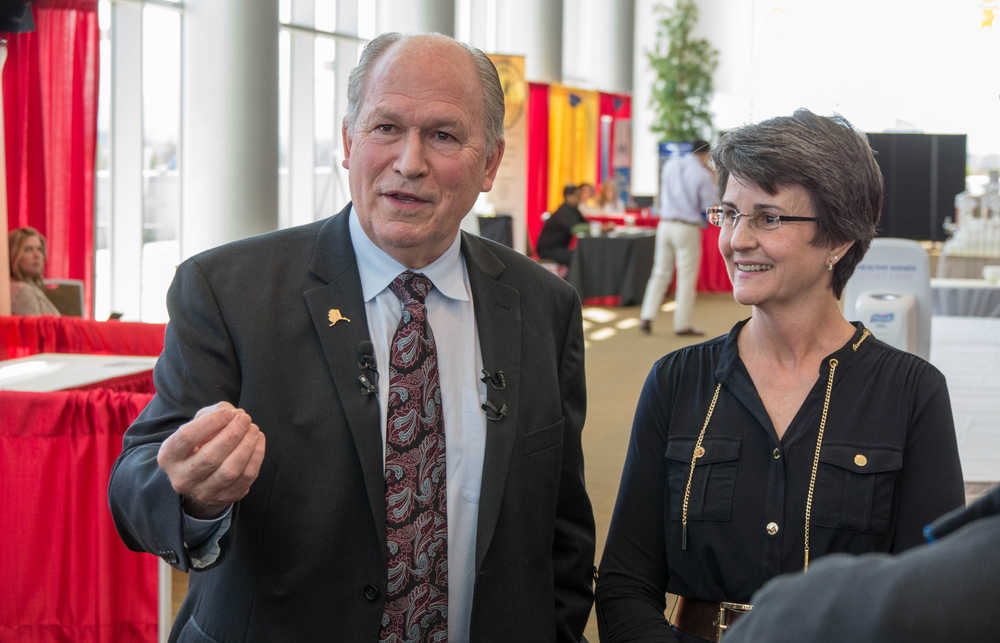Gov. Bill Walker introduces Susan Carney, Alaska's newest supreme court justice, at the state bar convention on May 12, 2016 in Anchorage.