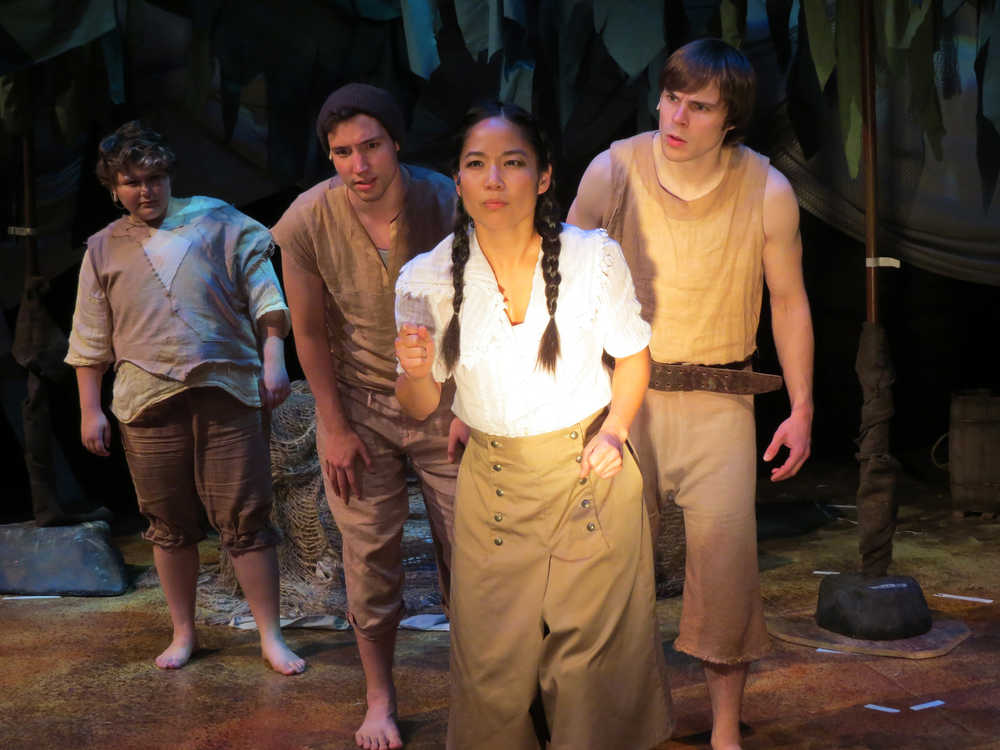 From left, Ted (Theo Houck), Prentiss (Richard Jay Carter), Molly Aster (Sylvia Kwan) and Boy, also known as Peter, (Austin Roach) as Molly interprets "Norse Code" in "Peter and the Starcatcher," Perseverance Theatre's first play of the 2016-2017 season. The play runs Aug. 16 - Sept. 18 in Juneau.