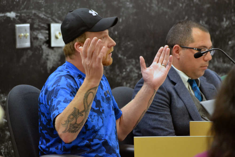 Red Langel, a resident of the Mendenhall Valley, testifies in support of fireworks use in city-owned parks during Tuesday night's Parks and Recreation Advisory Committee meeting.