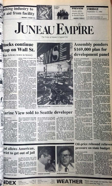 The front page of the Juneau Empire on Sept. 12, 1986
