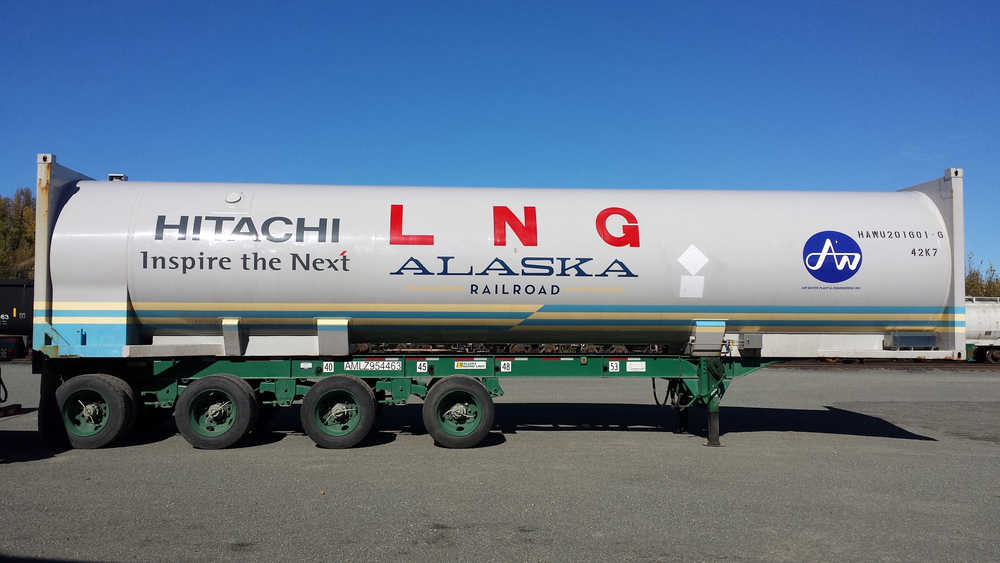 This undated photo provided by Alaska Railroad shows a 40-foot liquefied natural natural gas tank in Anchorage, one of two that will carry the first U.S. shipment of LNG by rail. The railroad has scheduled the first shipment of LNG from Fairbanks to Anchorage on Tuesday.