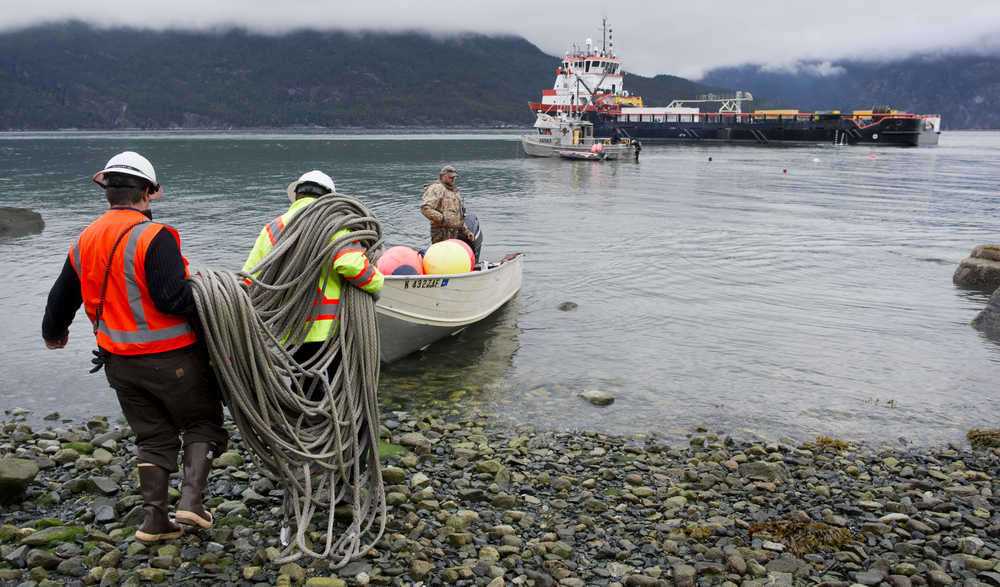 A haul rope is returned to the Silver Arrow after a fiber optic cable was brought to shore in Haines for the Alaska Power and Telephone Company on Friday. The cable will bring more bandwidth to the upper Lynn Canal communities of Haines and Skagway.