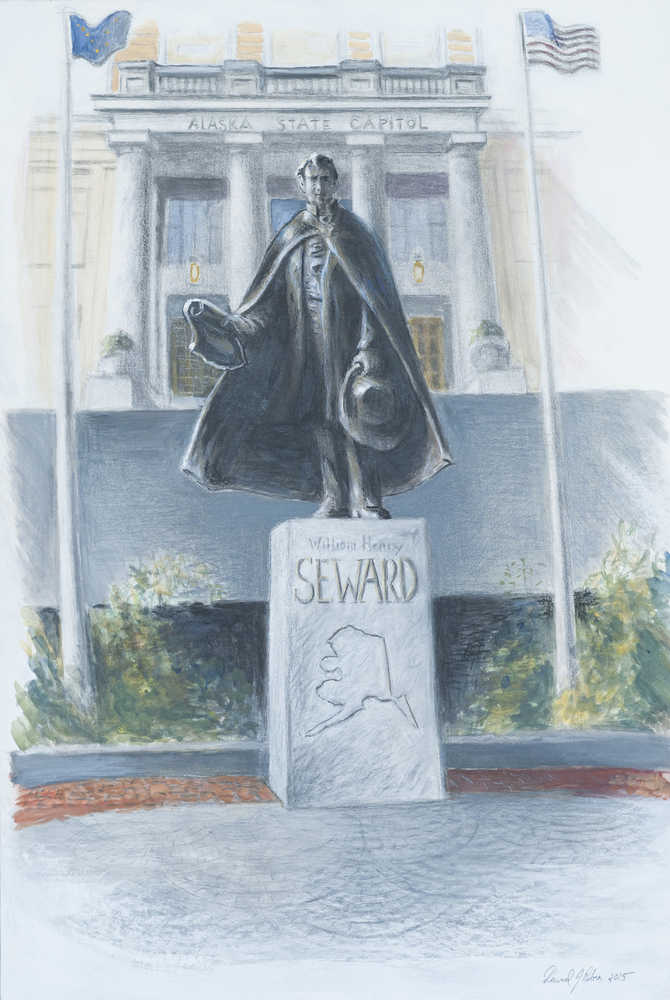 A painting by David Rubin on how a statue of William Henry Seward might look in the Dimond Court Plaza in front of the Alaska Capitol Building.