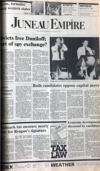 The front page of the Juneau Empire on Sept. 29, 1986