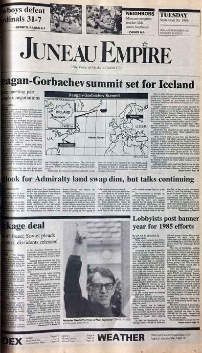 The front page of the Juneau Empire on Sept. 30, 1986