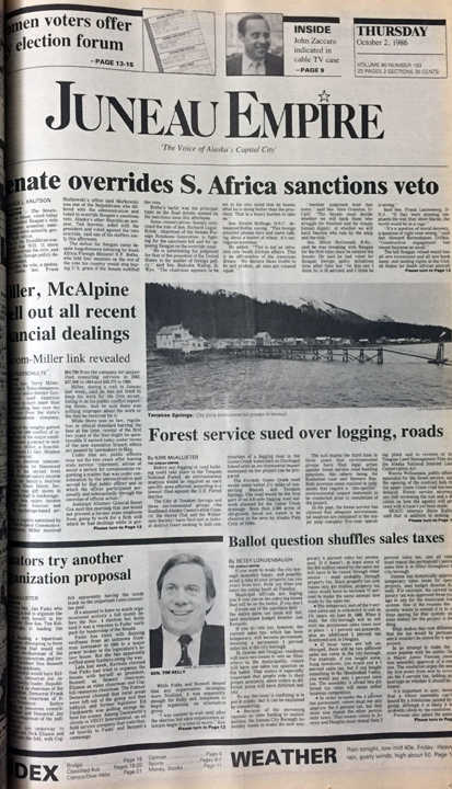 The front page of the Juneau Empire on Oct. 2, 1986
