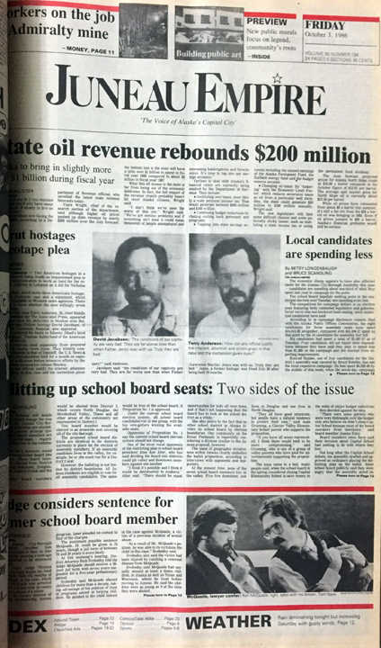 The front page of the Juneau Empire on Oct. 3, 1986