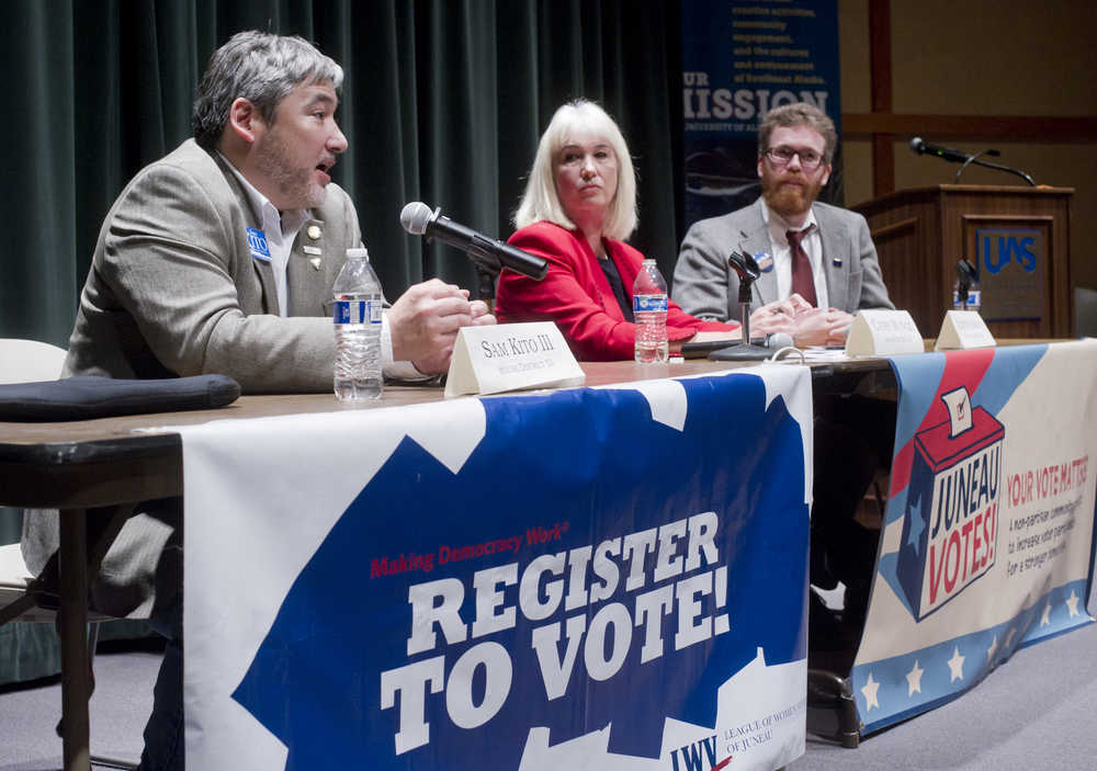 Rep. Sam Kito III, left, Rep. Cathy Muñoz and Justin Parish speak during an election forum hosted by the League of Women Voters of Juneau at the University of Alaska Southeast on Thursday. Rep. Kito is running for House District 33 unopposed. Rep. Muñoz is being challenged by Parish for District 34.