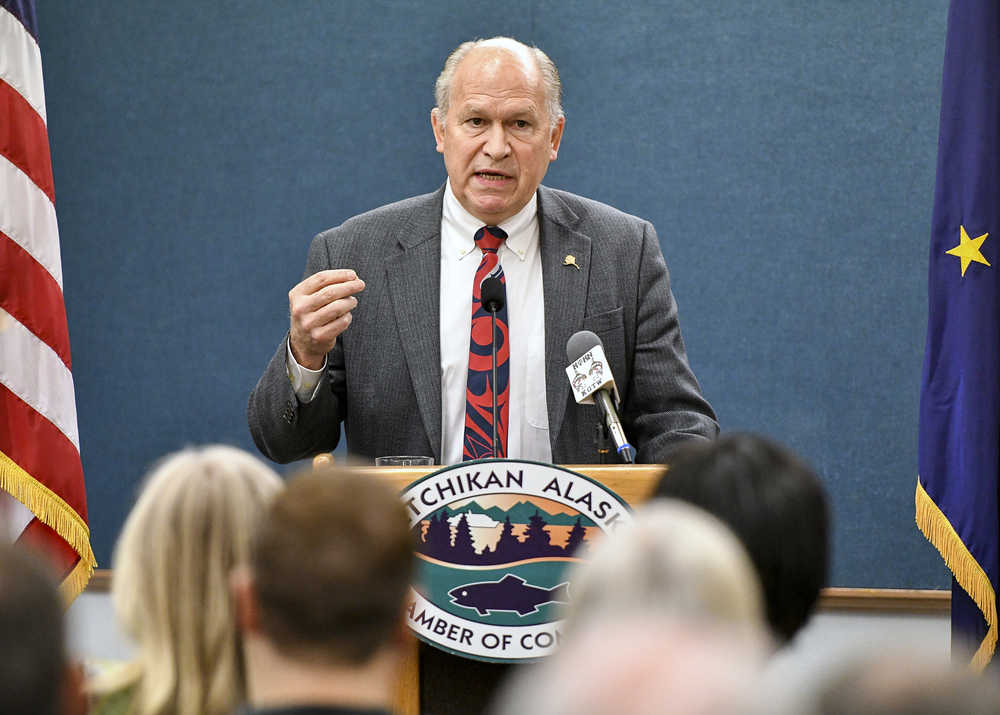 Alaska Gov. Bill Walker talks to a crowded Ted Ferry Civic Center on Thursday, Oct. 13, 2016, during a Ketchikan Chamber of Commerce luncheon.