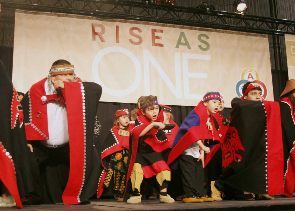 In this Oct. 25, 2014 photo, the Yees Ku Oo', Woosh.ji.een and All Nation's Children dance groups from Juneau perform on the closing day of the Alaska Federation of Natives Annual Convention. The 2016 convention begins this week. (Katherine Moritz photo)