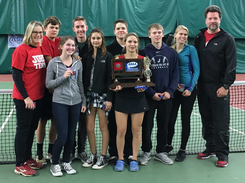 The Juneau-Douglas High School tennis team poses with their runner-up trophy from the ASAA Tennis State Championships. Pictured are Sami Good, Erica Hurtte, Olivia Moore, Madisyn Carter, Phillip Wall, Reuben MacNaughton, Wolf Dostel, Jacob Dale, assistant coach Anne Kincheloe and head coach Kurt Dzinich.