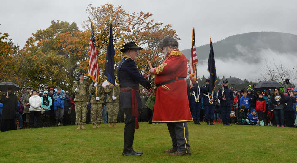 Re-enactors portray the 1867 transfer ceremony on the 149th anniversary of the day the Alaska Treaty of Cession became effective, on Oct. 18, 2016 at Baranof Castle State Historic Site in Sitka.