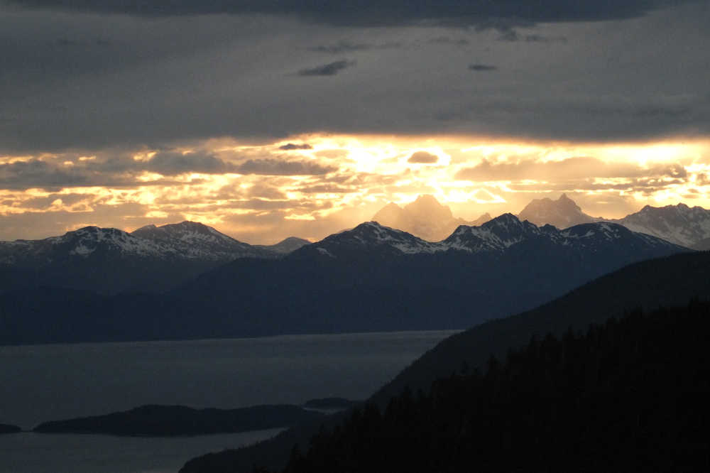Sunset on Lynn Canal and Chilkat Mountains as seen from Grandchild Peak Ridge.