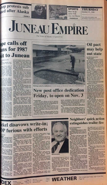 The front page of the Juneau Empire on Oct. 23, 1986