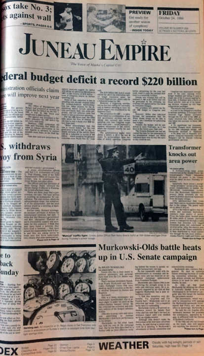 The front page of the Juneau Empire on Oct. 24, 1986