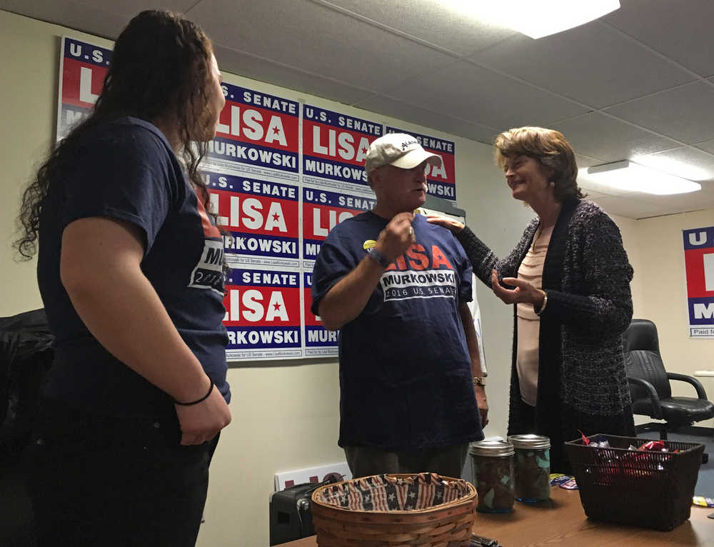 Sen. Lisa Murkowski, R-Alaska, speaks to supporters during the opening of her campaign office on Monday, Oct. 17, 2016 in the Kootznoowoo Plaza building.