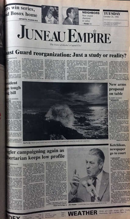 The front page of the Juneau Empire on Oct. 28, 1986