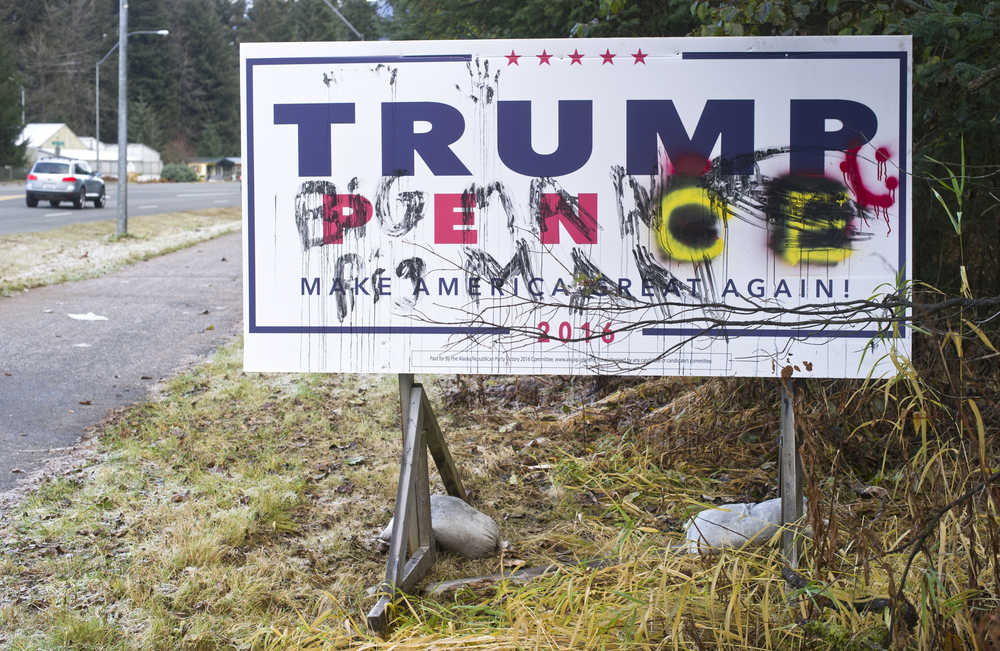 A vandalized Trump sign in the Mendenhall Valley.